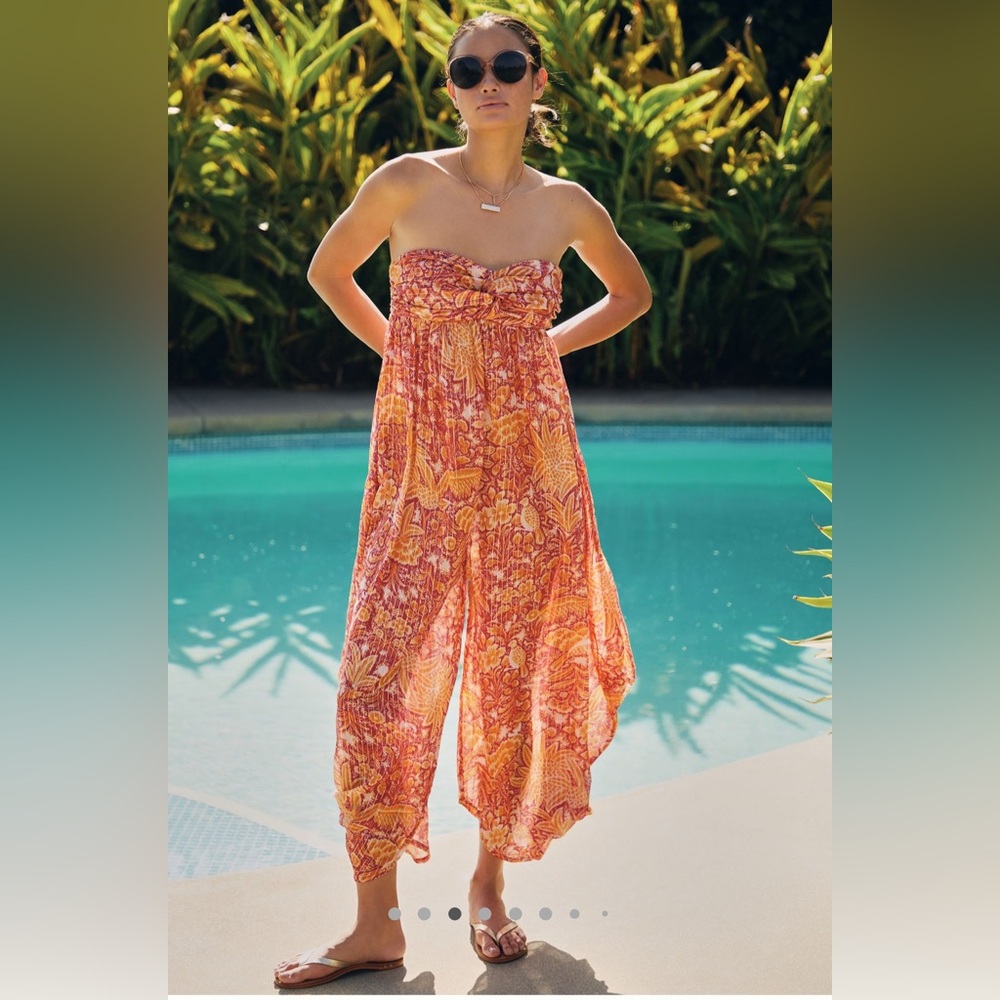 Anthropologie Orange and Pink Harem Jumpsuit with Bohemian Flair NWT